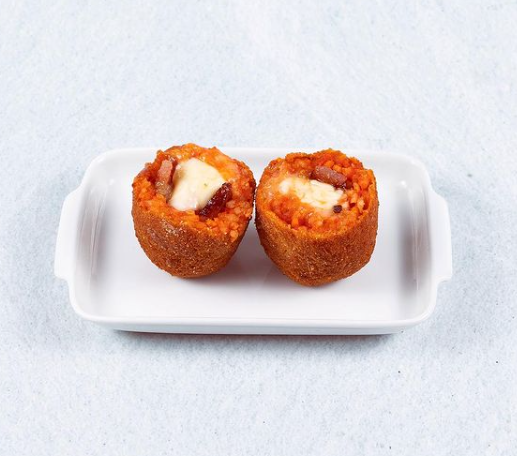 Roman Supplì, a hot melted heart of mozzarella inside with crispy rice and breadcrumbs crust on the outside.